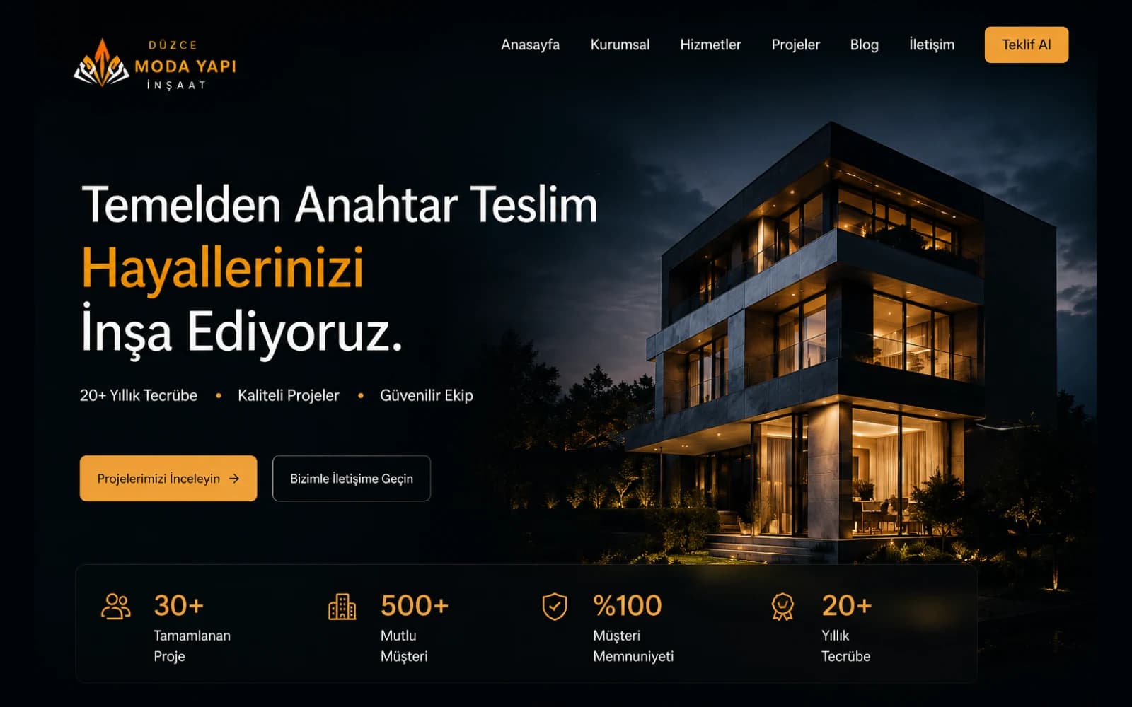 Düzce Moda Yapı web sitesi — masaüstü görünüm