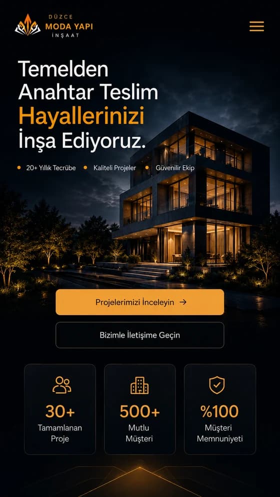 Düzce Moda Yapı web sitesi — mobil görünüm